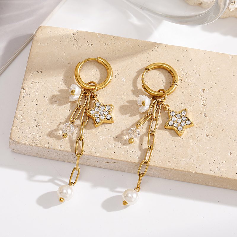 Ivanda Star & Pearl Chain Drop Earrings Gold YWD2S-E26041799-381 Ivanda Star & Pearl Chain Drop Earrings Gold YWD2S-E26041799-381 - view 3
