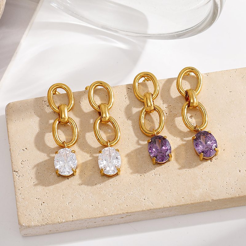 Ivanda Purple Stone Link Drop Earrings Gold Stainless YWD2-E26051867-251 - view 4