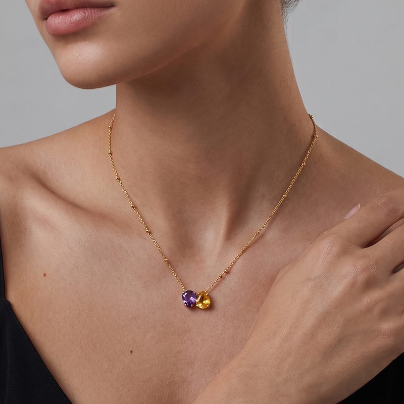 Ivanda Purple & Gold Stone Cluster Necklace Stainless YWD2-N2606902 - view 5