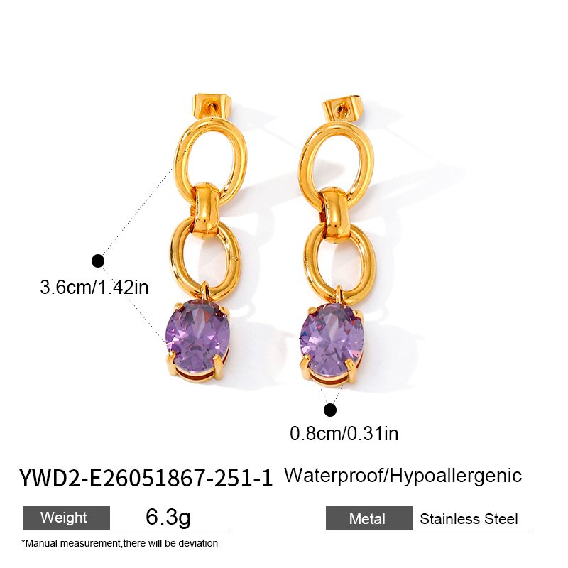 Ivanda Purple Stone Link Drop Earrings Gold Stainless YWD2-E26051867-251 - view 1