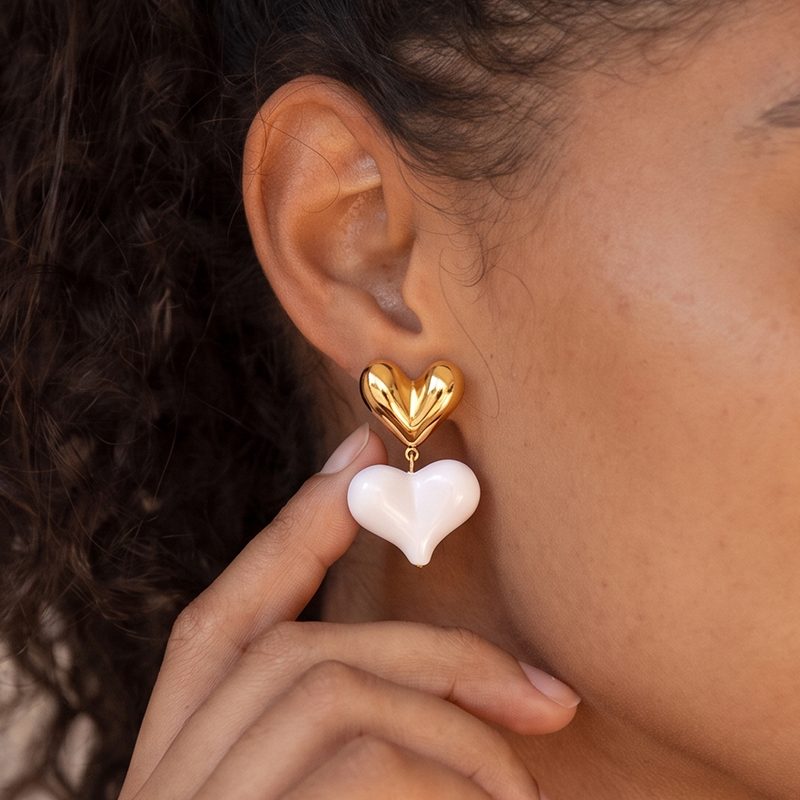 Ivanda Puffy Heart Drop Earrings White Gold Stainless YWD2-E26071957-171 - view 5