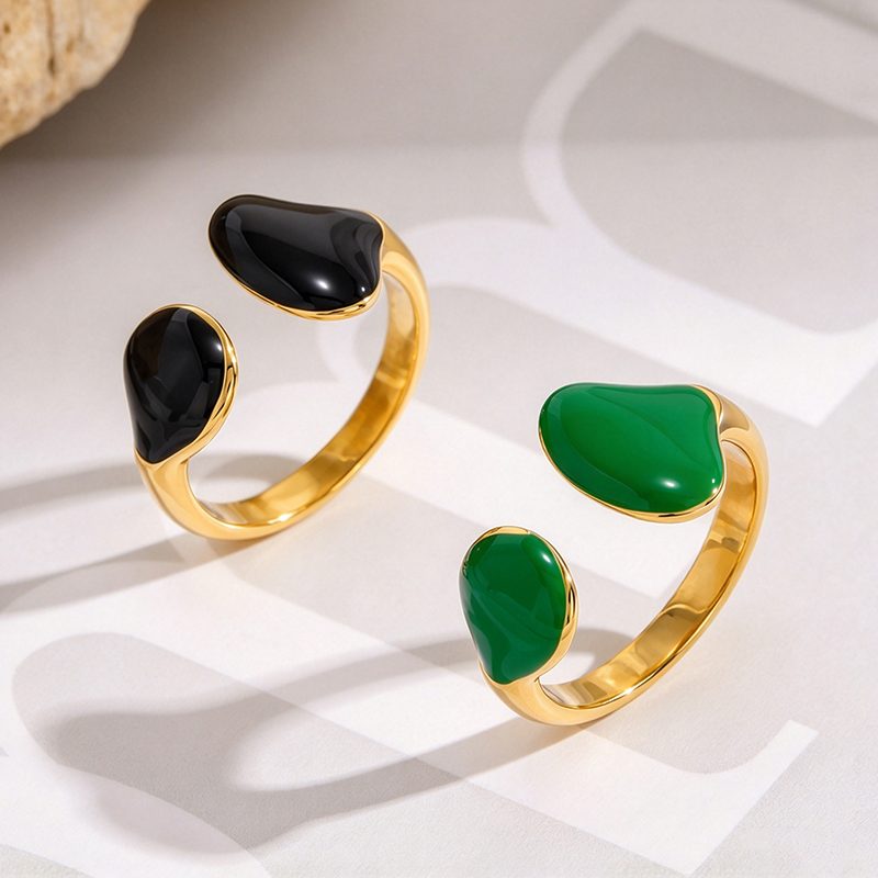 Ivanda Black Enamel Open Ring Gold Stainless Steel YHTSR-260901 - view 3