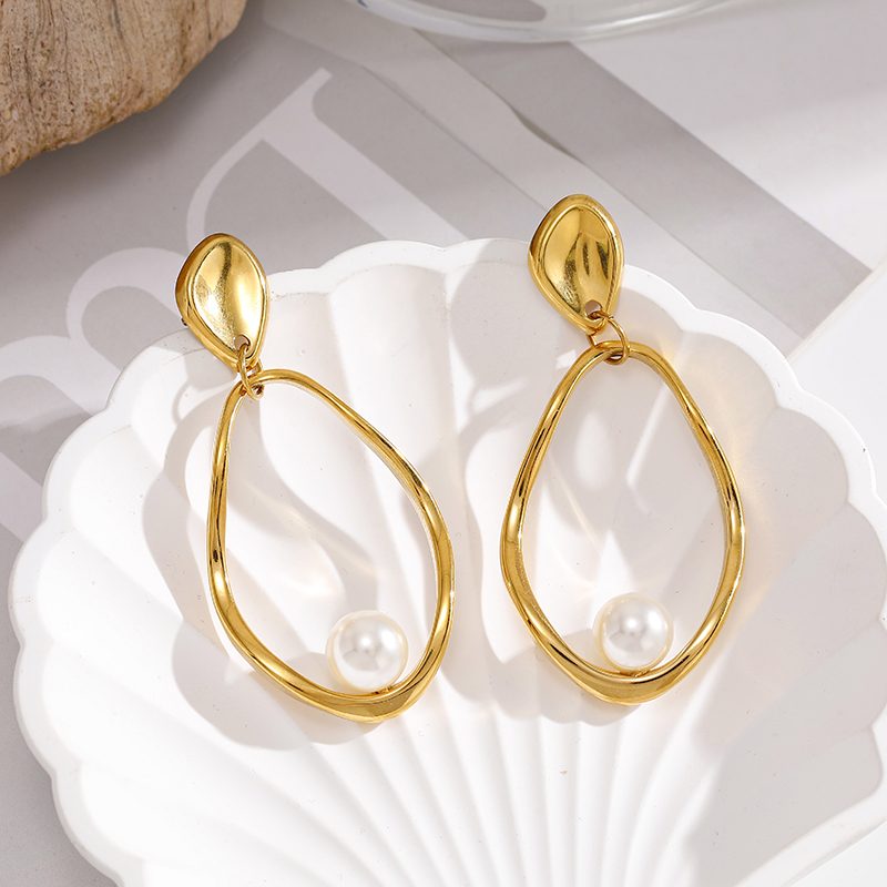 Ivanda Pearl Oval Hoop Earrings Large Gold Organic YWD1-E26061895-321 - view 3