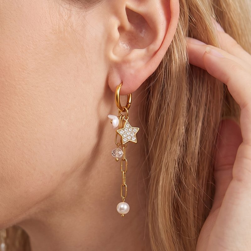 Ivanda Star & Pearl Chain Drop Earrings Gold YWD2S-E26041799-381 Ivanda Star & Pearl Chain Drop Earrings Gold YWD2S-E26041799-381 - view 5