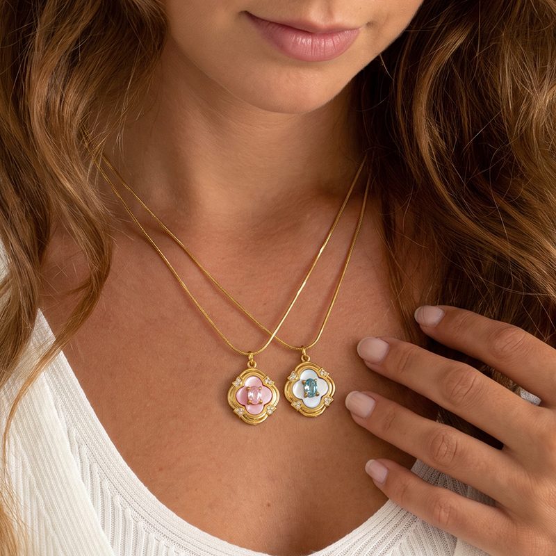Ivanda Clover Pendant Necklace Light Blue Stone Gold Stainless Steel CH260911-12 - view 6