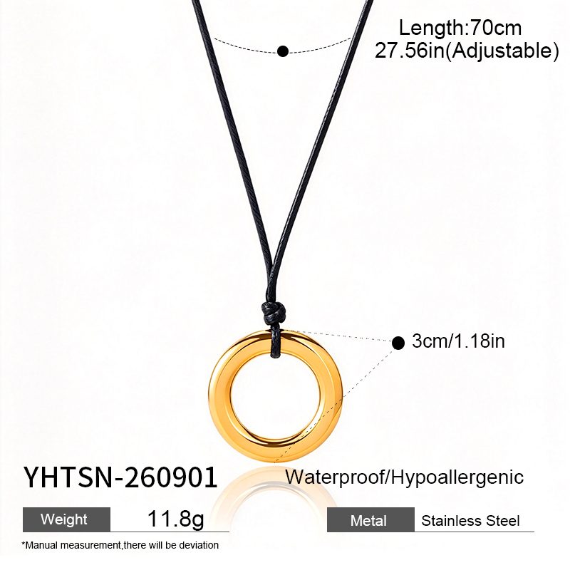 Ivanda Black Cord Necklace Gold Circle Pendant 70cm YHTSN-260901 - view 1
