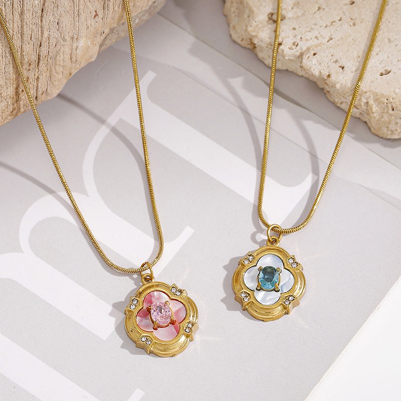 Ivanda Clover Pendant Necklace Light Blue Stone Gold Stainless Steel CH260911-12 - view 5