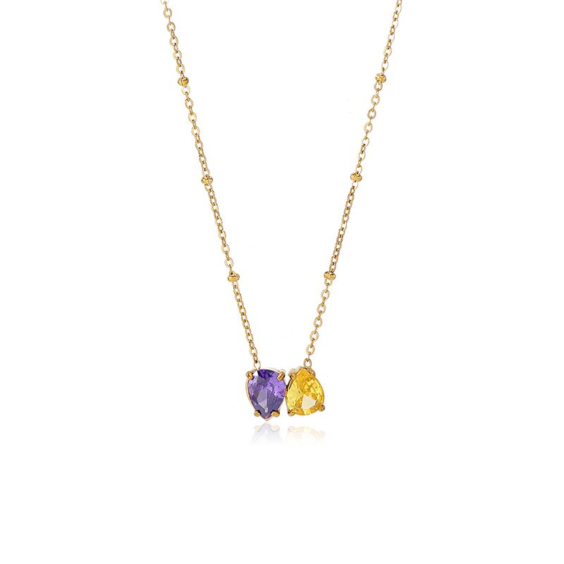 Ivanda Purple & Gold Stone Cluster Necklace Stainless YWD2-N2606902 - view 2