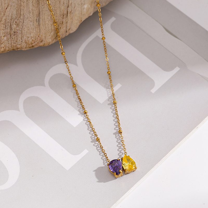 Ivanda Purple & Gold Stone Cluster Necklace Stainless YWD2-N2606902 - view 3
