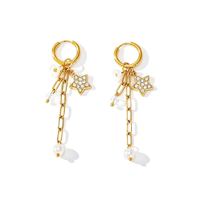 Ivanda Star & Pearl Chain Drop Earrings Gold YWD2S-E26041799-381 Ivanda Star & Pearl Chain Drop Earrings Gold YWD2S-E26041799-381 - view 2