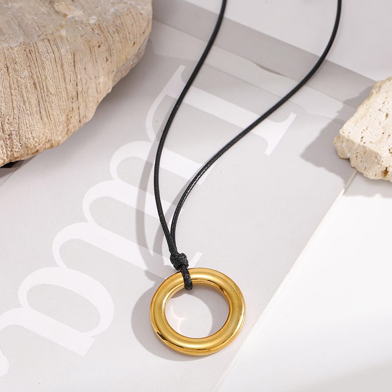 Ivanda Black Cord Necklace Gold Circle Pendant 70cm YHTSN-260901 - view 2