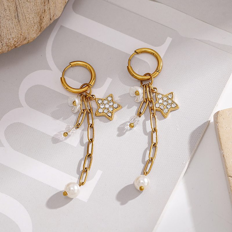 Ivanda Star & Pearl Chain Drop Earrings Gold YWD2S-E26041799-381 Ivanda Star & Pearl Chain Drop Earrings Gold YWD2S-E26041799-381 - view 4