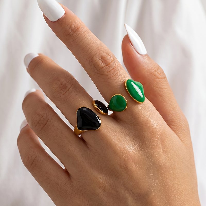 Ivanda Black Enamel Open Ring Gold Stainless Steel YHTSR-260901 - view 6
