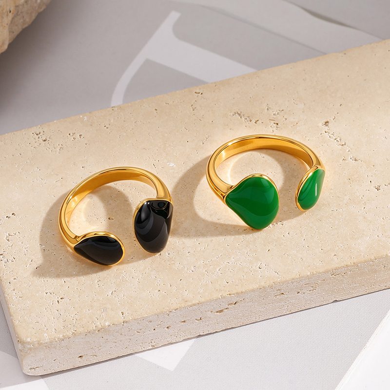 Ivanda Black Enamel Open Ring Gold Stainless Steel YHTSR-260901 - view 2