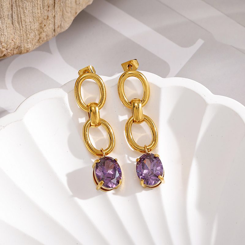 Ivanda Purple Stone Link Drop Earrings Gold Stainless YWD2-E26051867-251 - view 6