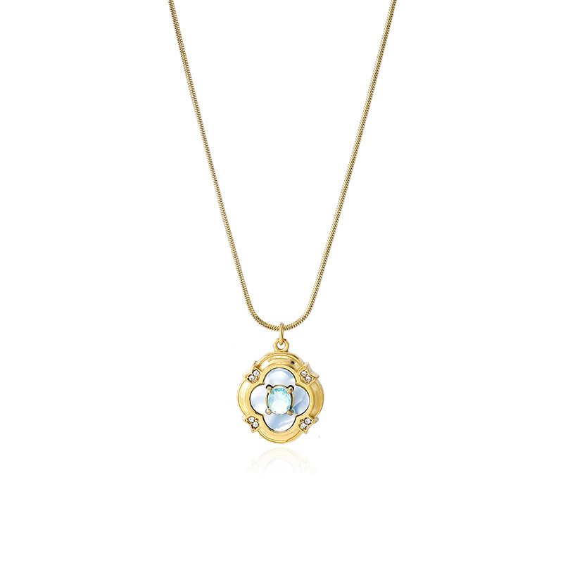 Ivanda Clover Pendant Necklace Light Blue Stone Gold Stainless Steel CH260911-12 - view 2