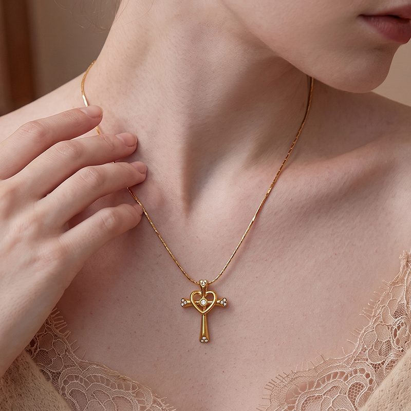 Ivanda Cross Heart Pendant Necklace Gold Stainless Steel YHTSN-260808 - view 5