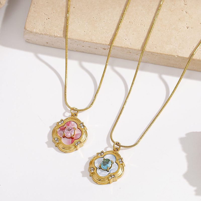 Ivanda Clover Pendant Necklace Light Blue Stone Gold Stainless Steel CH260911-12 - view 4