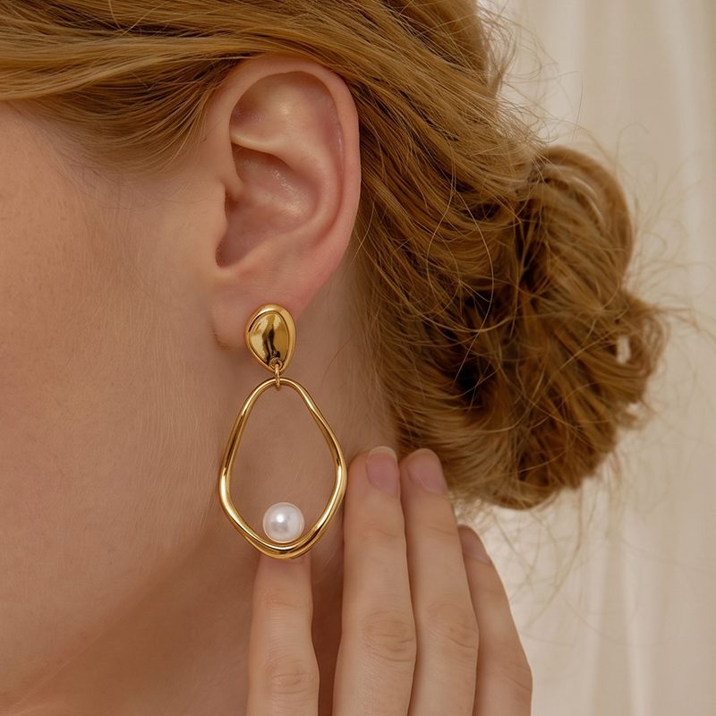 Ivanda Pearl Oval Hoop Earrings Large Gold Organic YWD1-E26061895-321 - view 5