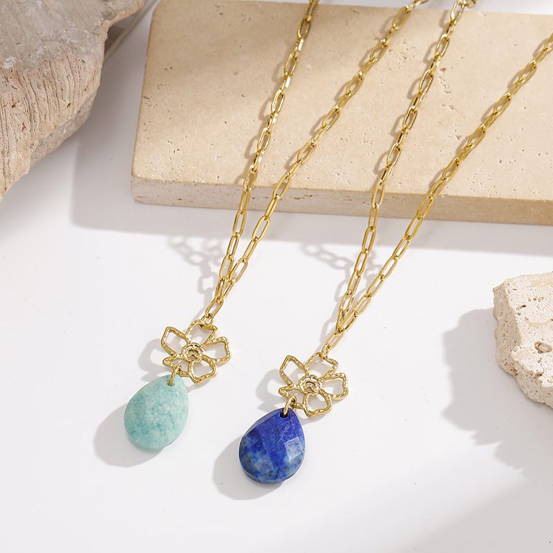 Ivanda Paperclip Necklace Teal Stone Flower Pendant YWD2-N2604872-291 Ivanda Paperclip Necklace Teal Stone Flower Pendant YWD2-N2604872-291 - view 5