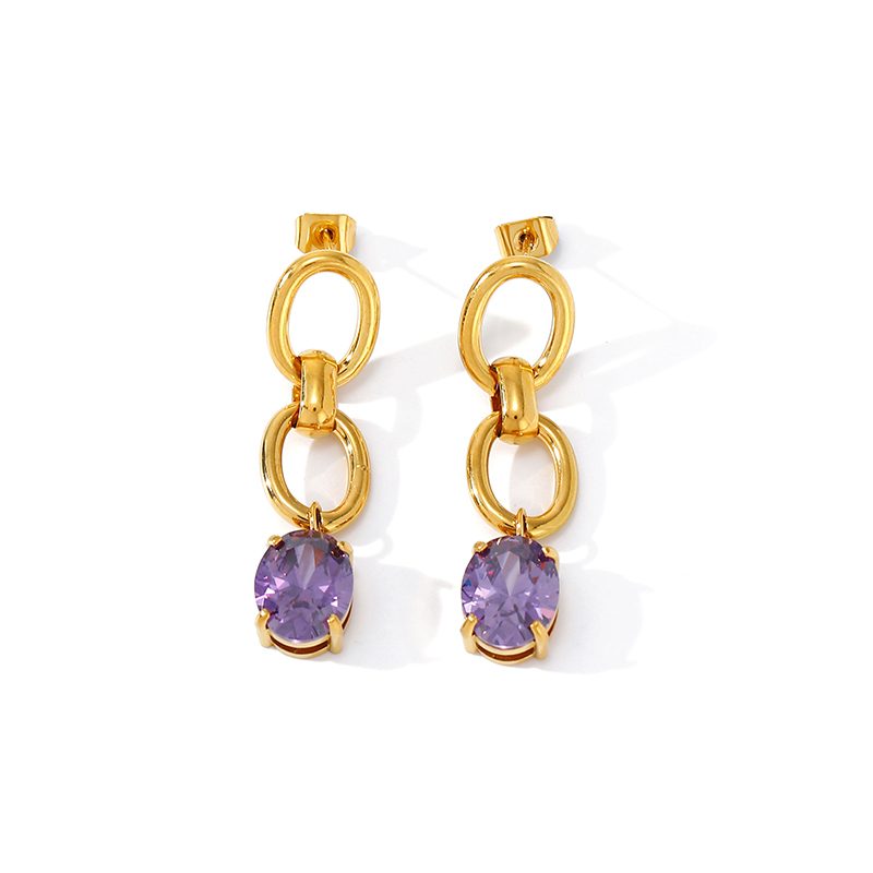 Ivanda Purple Stone Link Drop Earrings Gold Stainless YWD2-E26051867-251 - view 3