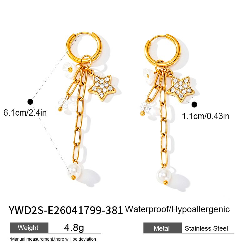 Ivanda Star & Pearl Chain Drop Earrings Gold YWD2S-E26041799-381 Ivanda Star & Pearl Chain Drop Earrings Gold YWD2S-E26041799-381 - view 1
