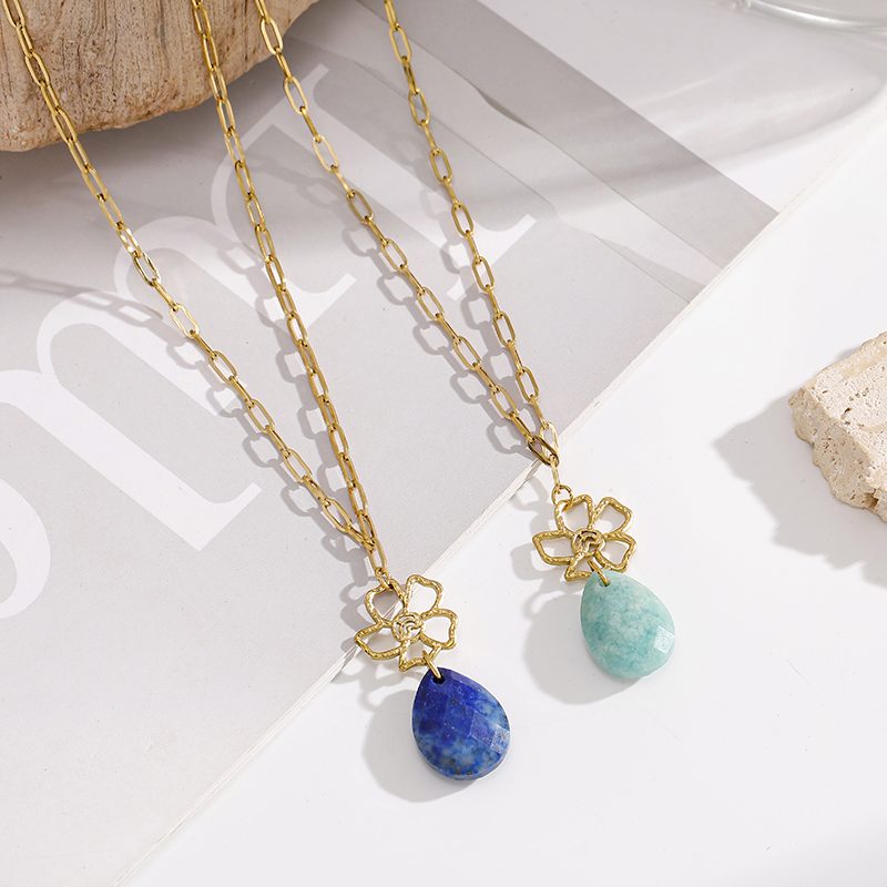 Ivanda Paperclip Necklace Teal Stone Flower Pendant YWD2-N2604872-291 Ivanda Paperclip Necklace Teal Stone Flower Pendant YWD2-N2604872-291 - view 4