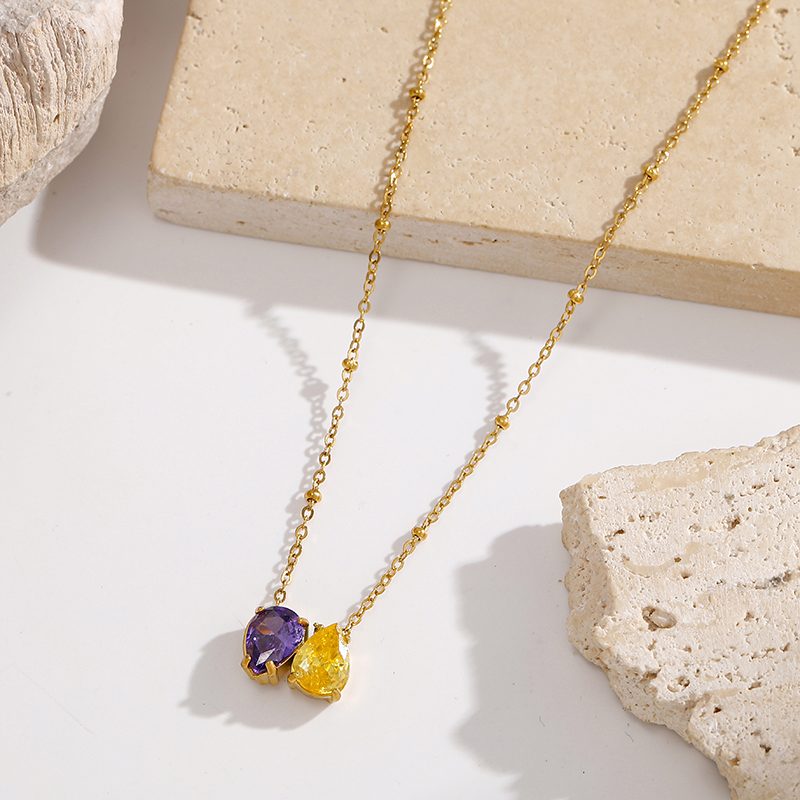 Ivanda Purple & Gold Stone Cluster Necklace Stainless YWD2-N2606902 - view 4