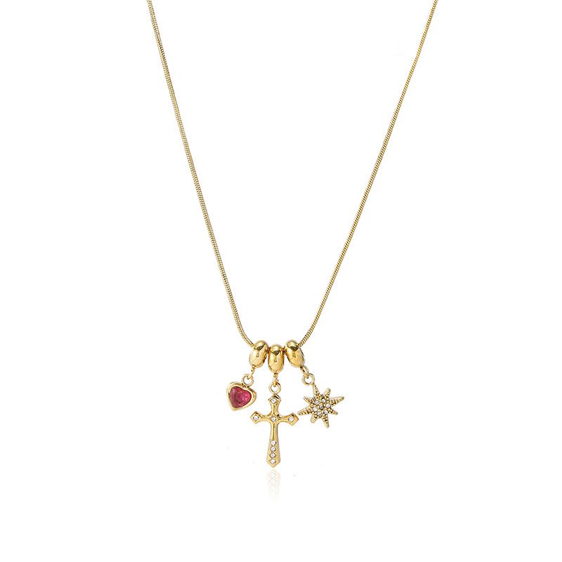 Ivanda Cross & Heart Charm Necklace Gold Stainless Steel CH260911-3 - view 2