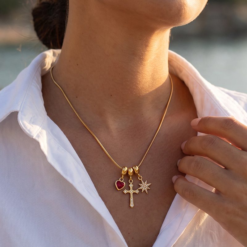 Ivanda Cross & Heart Charm Necklace Gold Stainless Steel CH260911-3 - view 6