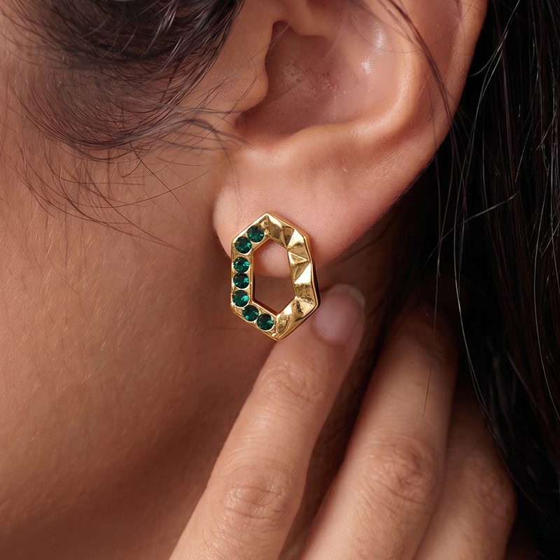 Ivanda Hexagon CZ Stud Earrings PVD 18K Gold Plated Stainless Steel CH1919 - view 4