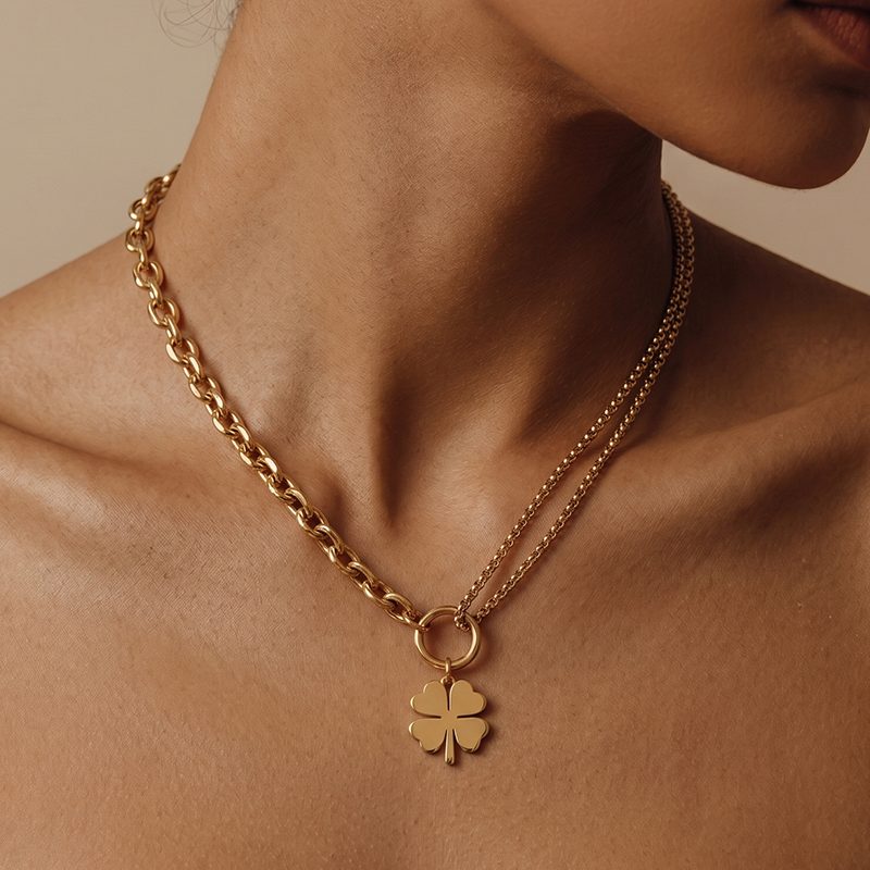 Ivanda Chunky Curb Clover Tassel Necklace PVD 18K Gold Plated Stainless Steel CHOFXL-0533-J - view 3