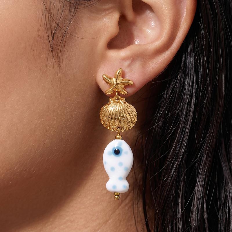 Ivanda Starfish & Fish Drop Earrings PVD 18K Gold Plated Stainless Steel CH1918 - view 2