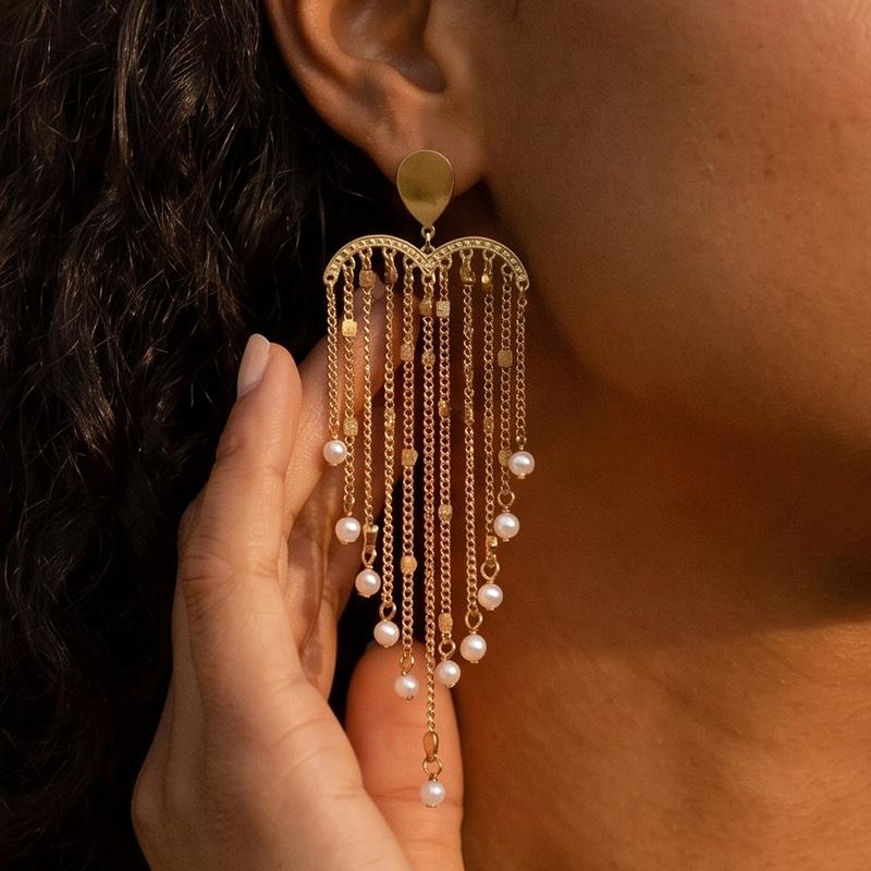 Ivanda Pearl Tassel Fringe Earrings PVD 18K Gold Plated Stainless Steel YWD2-E2504945-1 - view 3