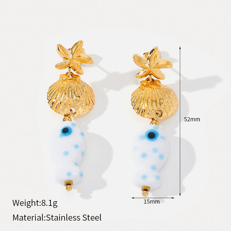 Ivanda Starfish & Fish Drop Earrings PVD 18K Gold Plated Stainless Steel CH1918 - view 1