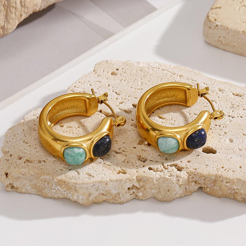 Ivanda Stone Cabochon Chunky Hoop Earrings PVD 18K Gold Plated Stainless Steel YHTSE-2501315 - view 5