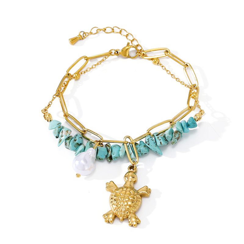 Ivanda Turtle & Turquoise Double Layer Bracelet PVD 18K Gold Plated Stainless Steel CHSL01171-1 - view 5