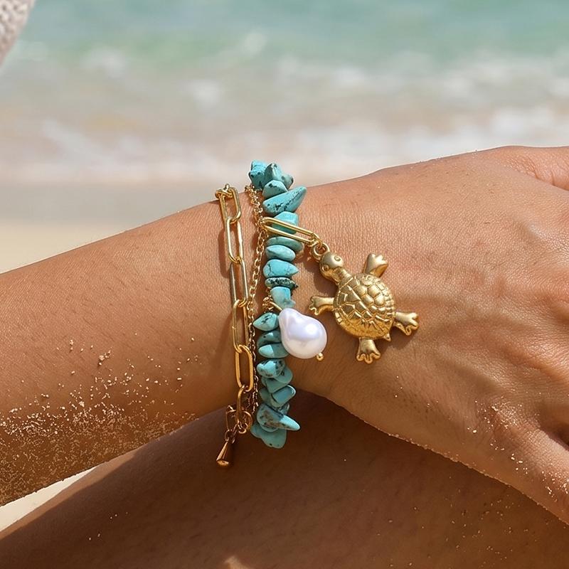 Ivanda Turtle & Turquoise Double Layer Bracelet PVD 18K Gold Plated Stainless Steel CHSL01171-1 - view 2