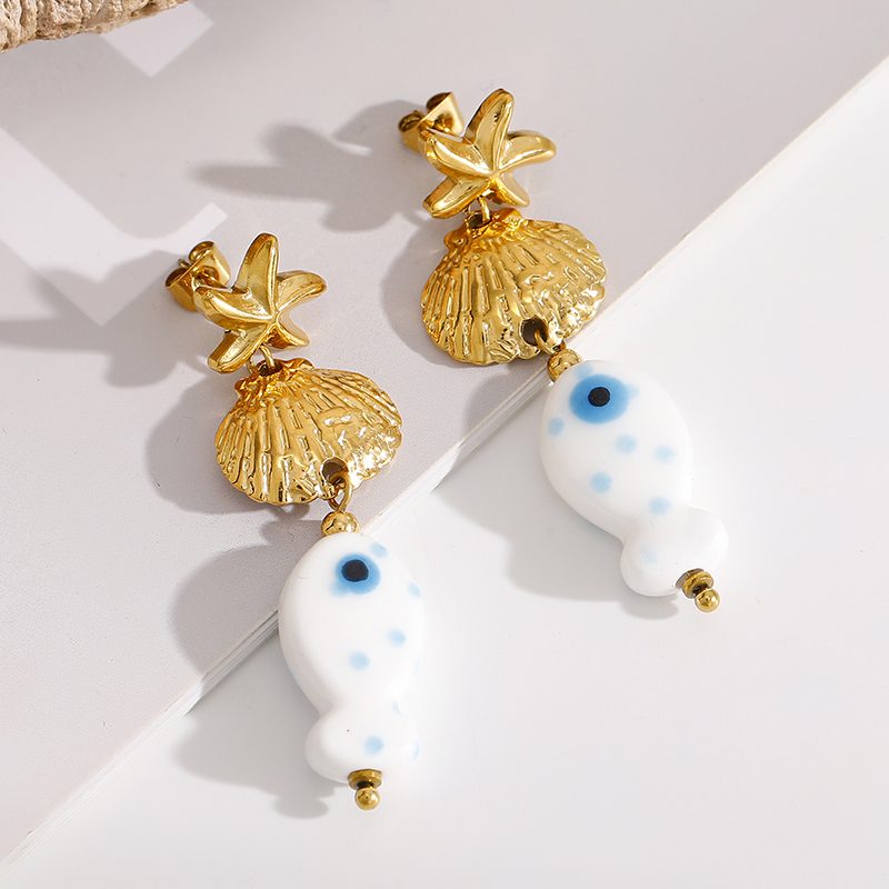 Ivanda Starfish & Fish Drop Earrings PVD 18K Gold Plated Stainless Steel CH1918 - view 5