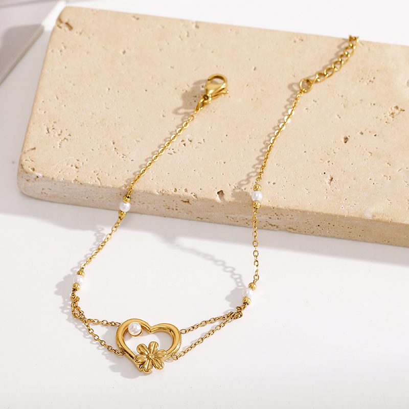 Ivanda Heart & Flower Double Chain Bracelet PVD 18K Gold Plated Stainless Steel YWD8-S2504175-B - view 4