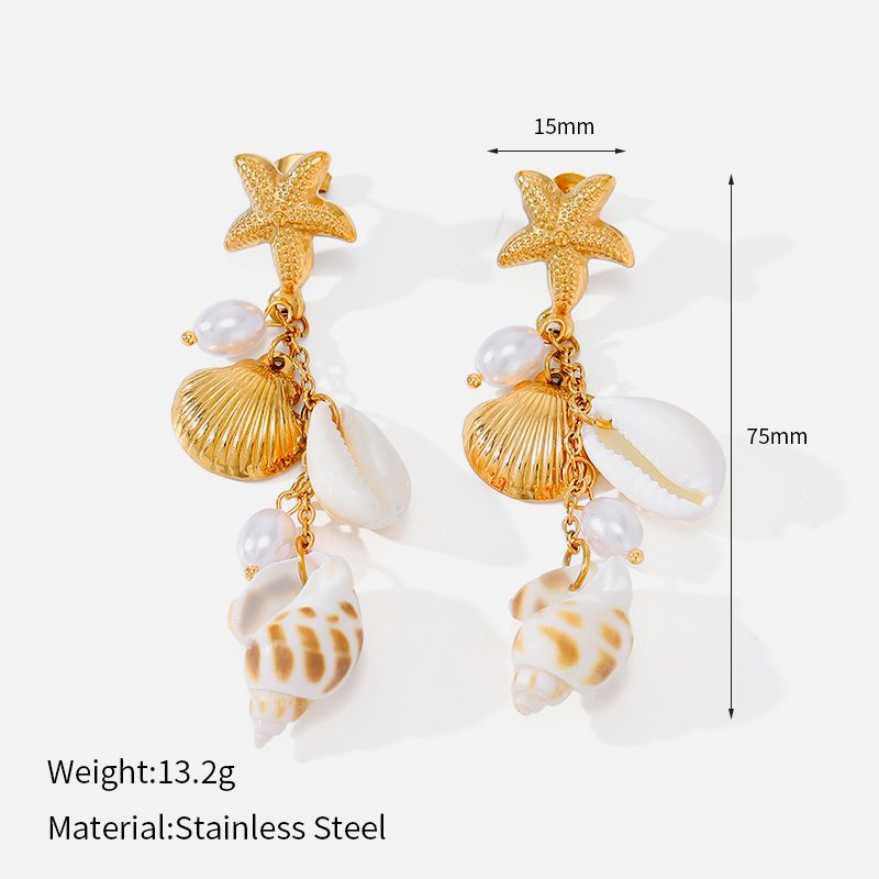 Ivanda Starfish Shell Conch Cluster Earrings PVD 18K Gold Plated Stainless Steel CHEH00783-1 - view 1