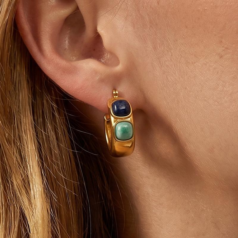 Ivanda Stone Cabochon Chunky Hoop Earrings PVD 18K Gold Plated Stainless Steel YHTSE-2501315 - view 2