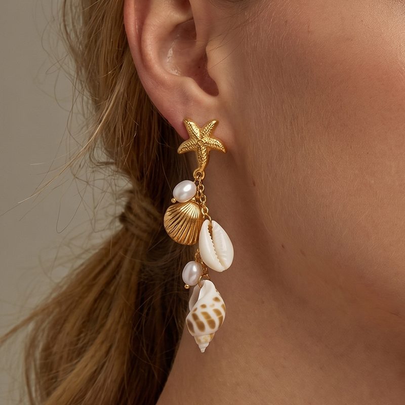 Ivanda Starfish Shell Conch Cluster Earrings PVD 18K Gold Plated Stainless Steel CHEH00783-1 - view 3