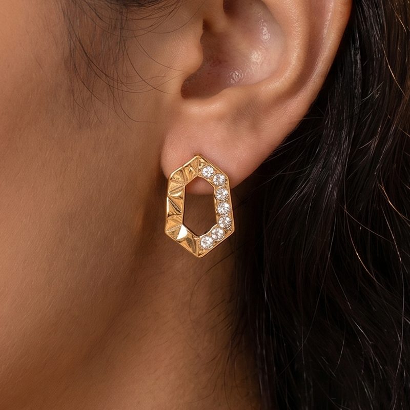 Ivanda Hexagon CZ Stud Earrings PVD 18K Gold Plated Stainless Steel CH1919 - view 5