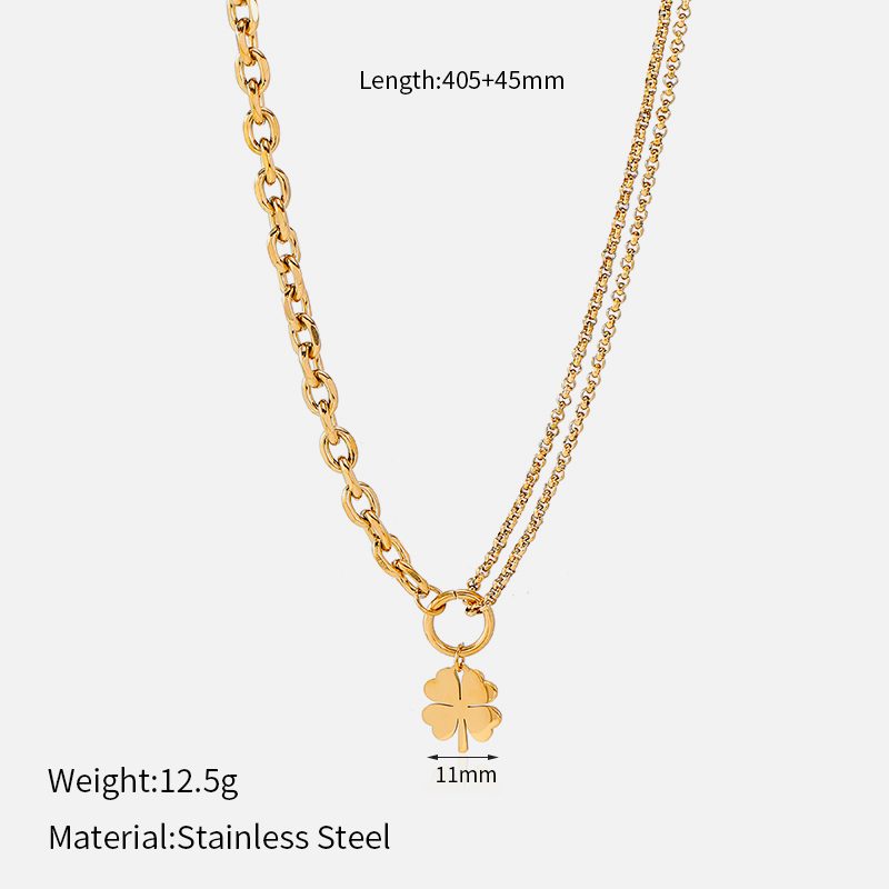Ivanda Chunky Curb Clover Tassel Necklace PVD 18K Gold Plated Stainless Steel CHOFXL-0533-J - view 6