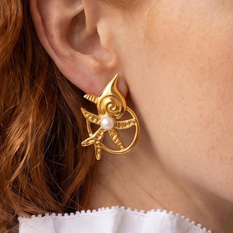 Ivanda Pearl Door Knocker Earrings PVD 18K Gold Plated Stainless Steel YWD2-E2504952 - view 2