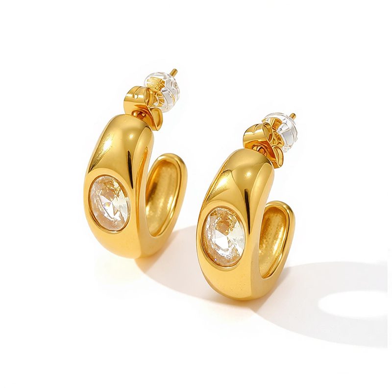 Ivanda Croissant Hoop Earrings with Oval CZ PVD 18K Gold Plated Stainless Steel CH968-4 Ivanda Croissant Hoop Earrings with Oval CZ PVD 18K Gold Plated Stainless Steel CH968-4 - view 3