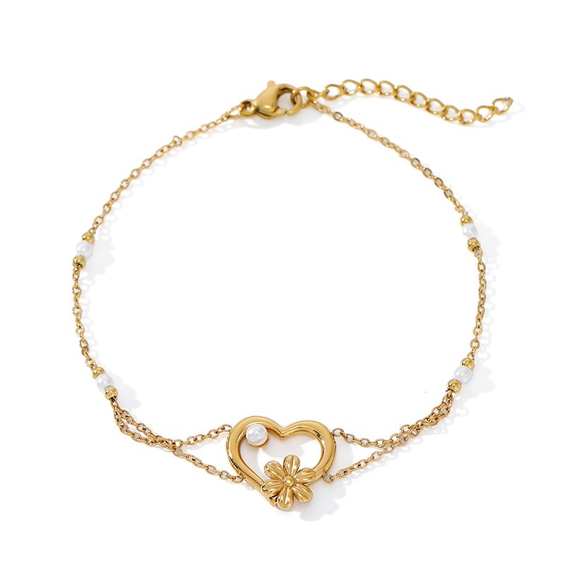 Ivanda Heart & Flower Double Chain Bracelet PVD 18K Gold Plated Stainless Steel YWD8-S2504175-B - view 3