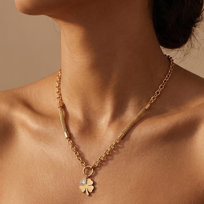Ivanda Chunky Curb Clover Tassel Necklace PVD 18K Gold Plated Stainless Steel CHOFXL-0533-J - view 4