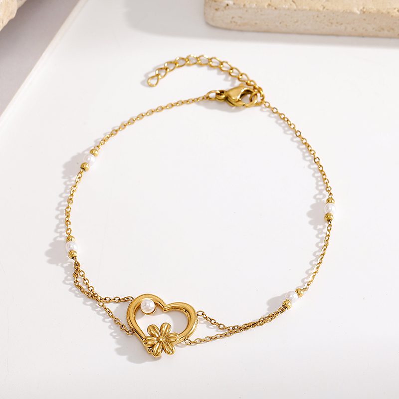 Ivanda Heart & Flower Double Chain Bracelet PVD 18K Gold Plated Stainless Steel YWD8-S2504175-B - view 5